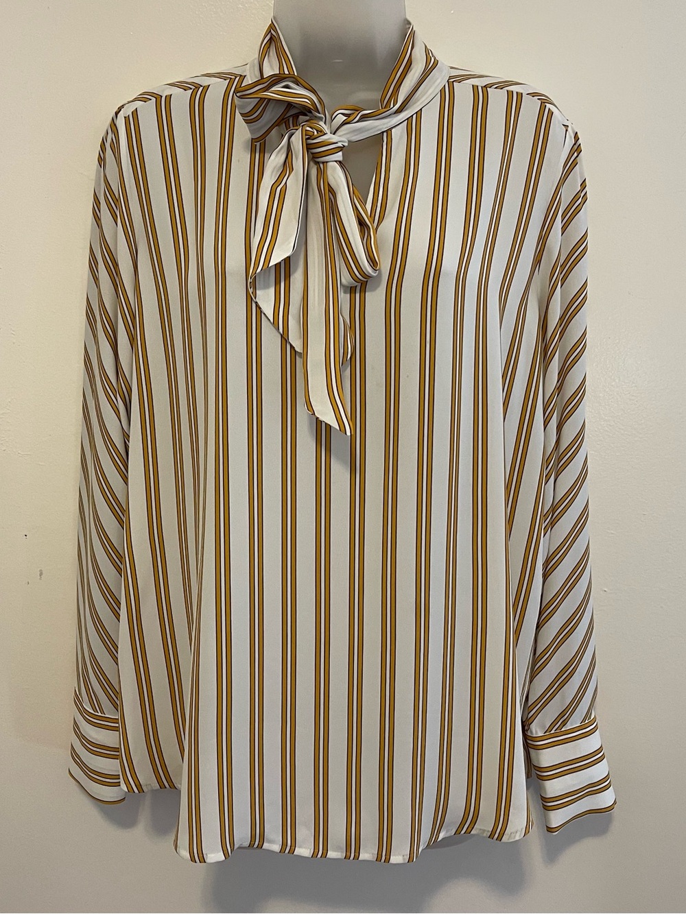 Loft Women's Blouse Yellow White Striped Long Sleeve Tie Neck Top Shirt Medium